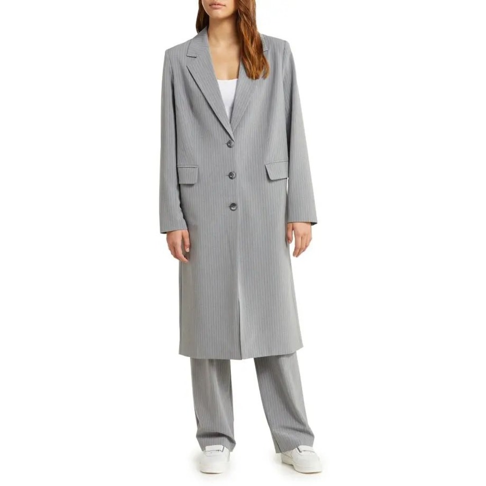 WAYF Pinstripe Longline Blazer Women Large Grey Duster Coat Jacket Minimalist